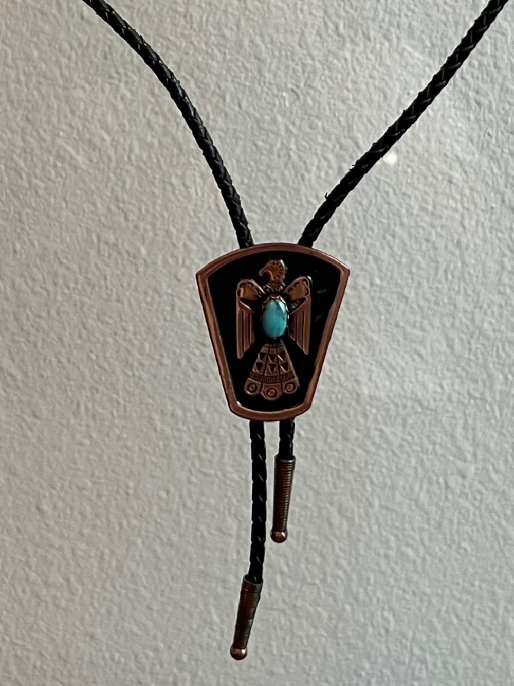 Vtg Native American Thunderbird Bolo Tie Turquoise Stone Copper Slide Braided